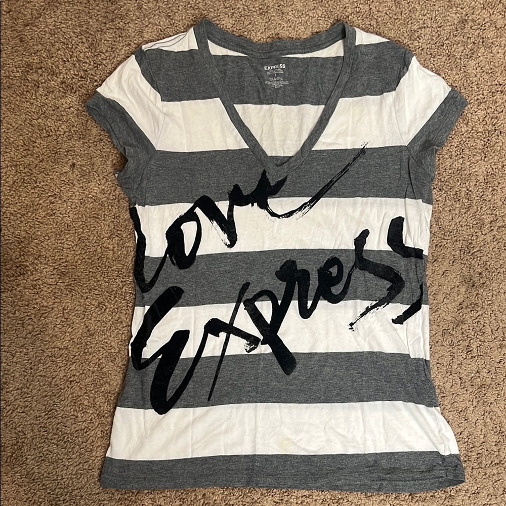 Express Fitted Gray and White Striped Graphic Tee
